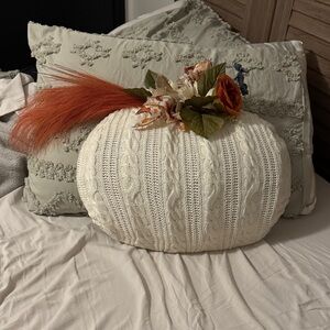 White Knit Pumpkin Door Hanger with Floral Accent